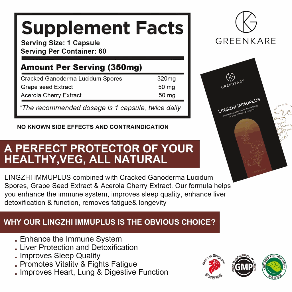 Lingzhi ImmuPlus | Cracked Spores Ganoderma - Immune System &amp; Energy Booster, Improve Sleep Quality, Relieves Stress, Memory &amp; Liver Support | 60 Caps